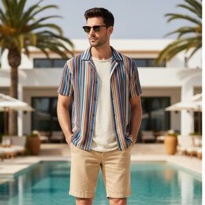 PHO Firenze Italy Vertical Stripe Knit Button Up Shirt Resort Luxury Sz L